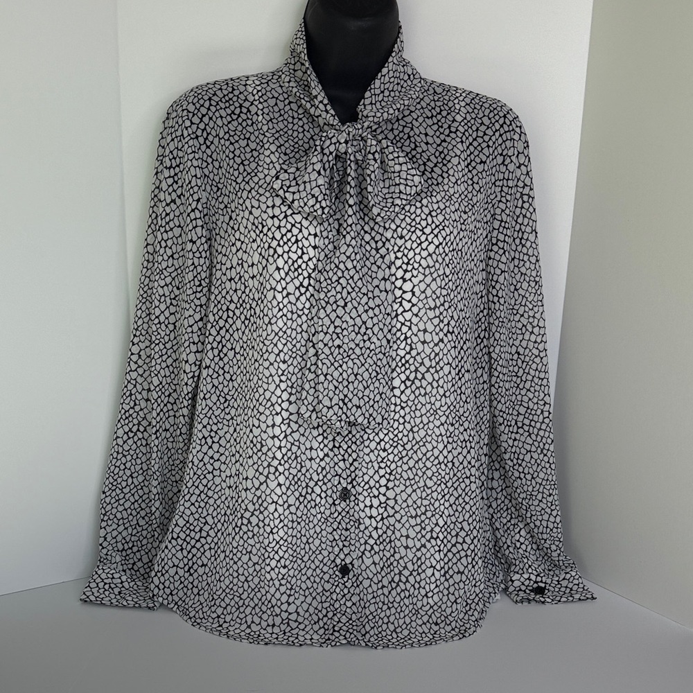Michael Kors Black and White tie-neck Blouse snake animal print bow